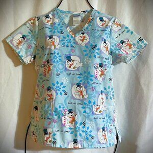 Frosty the Snowman Nurse Medical Scrub Top Short Sleeve Size XS